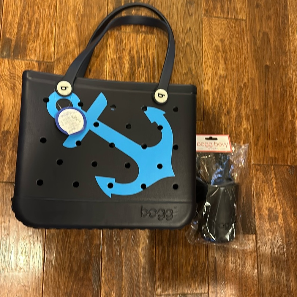 Baby Bogg bag beach tote with anchor and bogg bevy drink holder